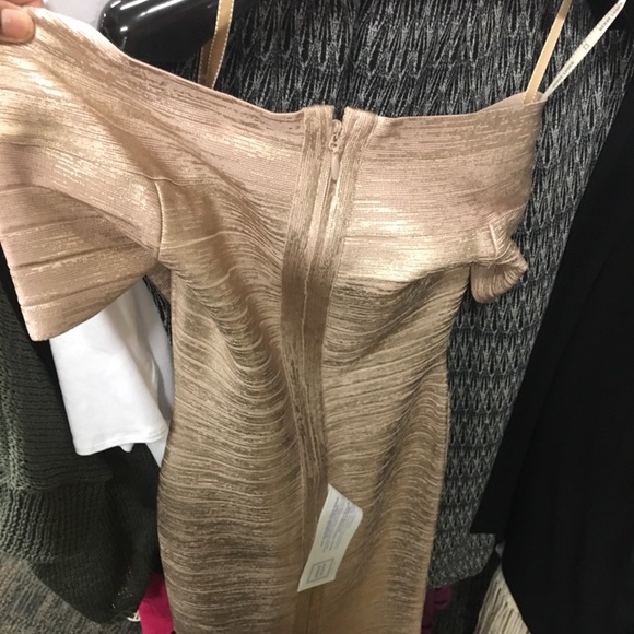 Herve Leger Carmen Off Shoulder Rose Gold Dress - Picture 6 of 7
